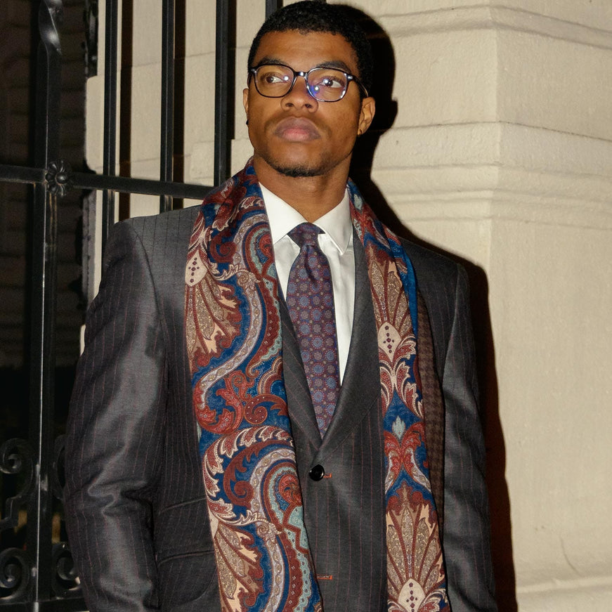 Elizabetta Aosta Wool Scarf in Burgundy, Blue & Brown