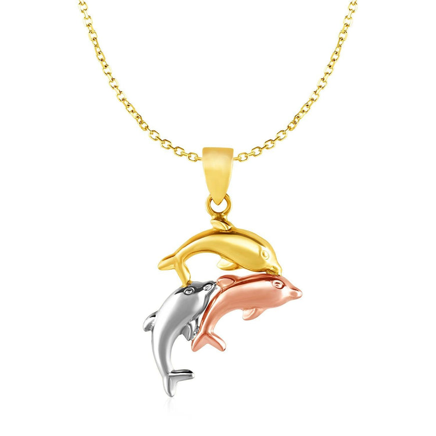 Pendant with Three Dolphins in 10k Tri Color Gold - Ellie Belle