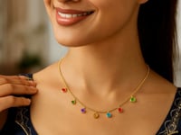 Collier chaîne en or jaune 14 carats avec breloques rondes multicolores