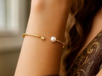 14k Yellow Gold Cuff Bangle with Pearl and Diamond