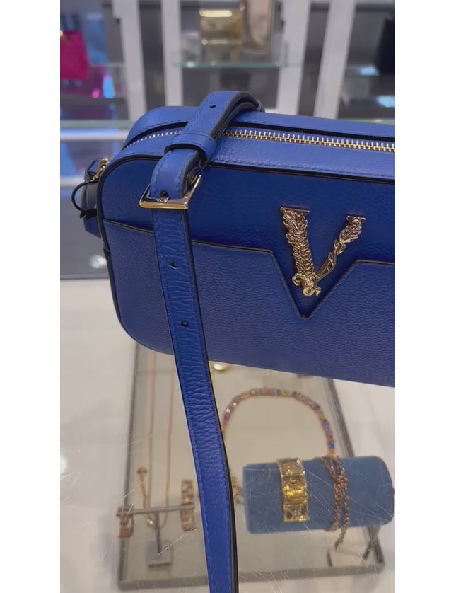 Versace Grainy Calfskin Small Virtus Camera Bag Blue