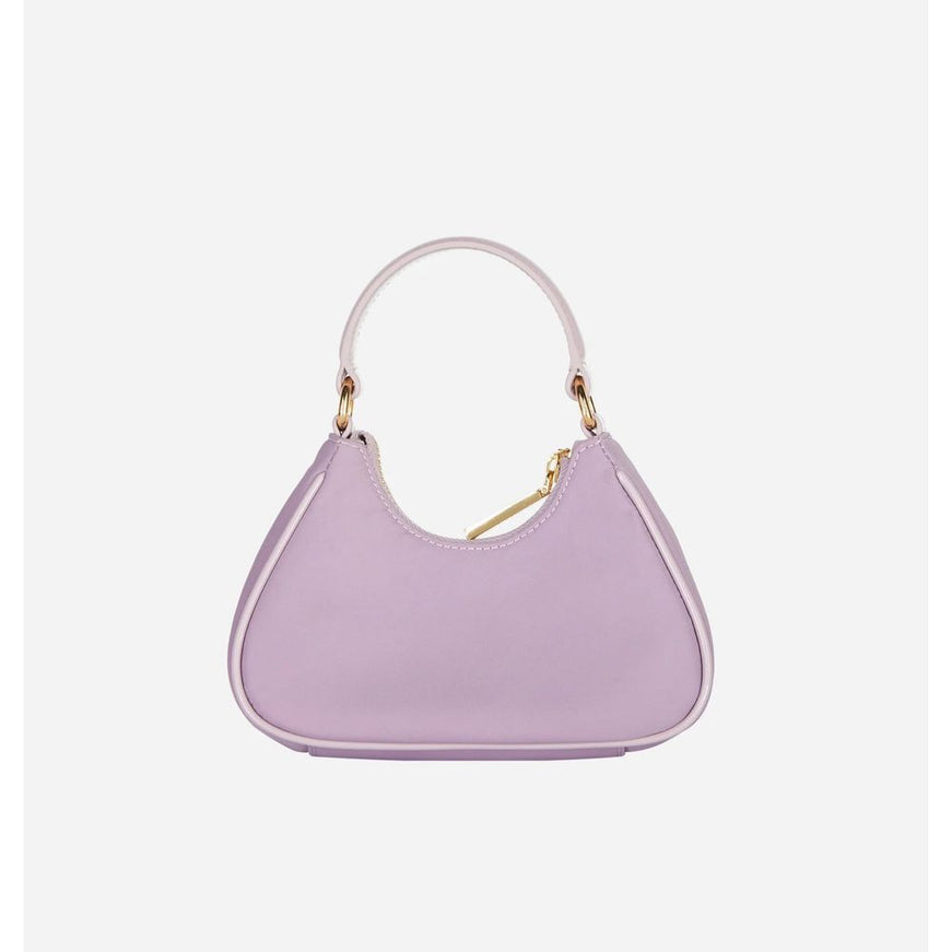 a purple handbag with a gold handle