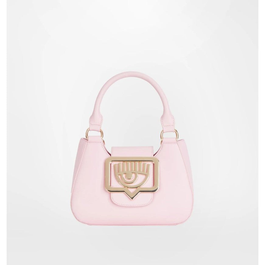 a pink handbag with a gold handle