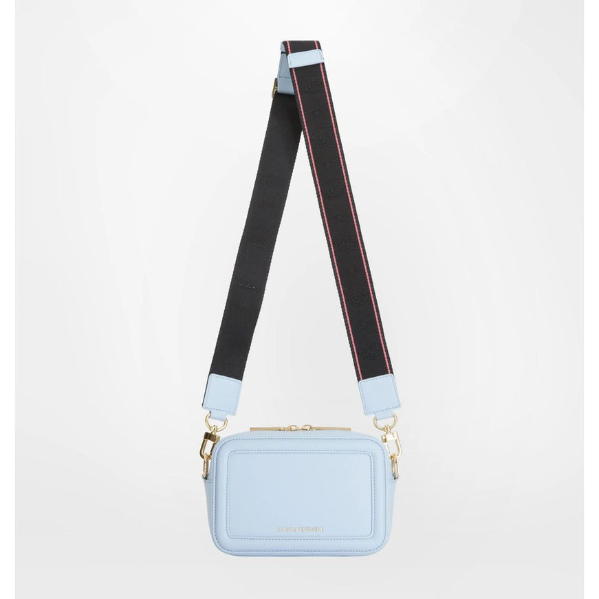 a blue cross body bag with a black strap