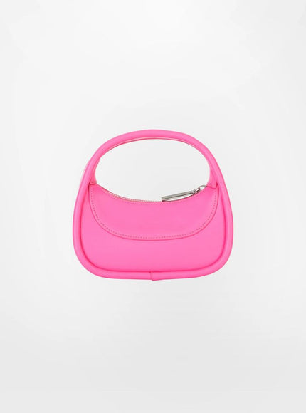 a pink purse with a metal handle on a white background