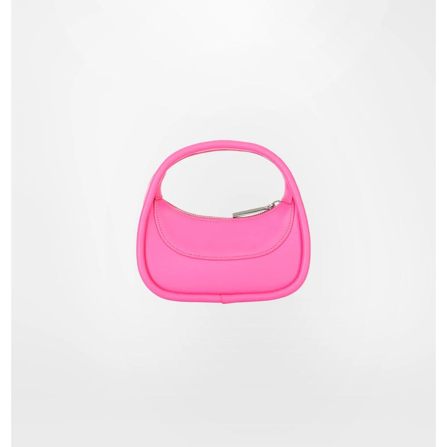 a pink purse with a metal handle on a white background