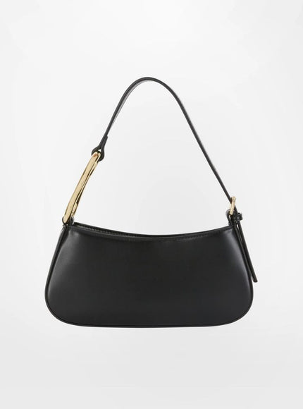 a black handbag with a gold handle