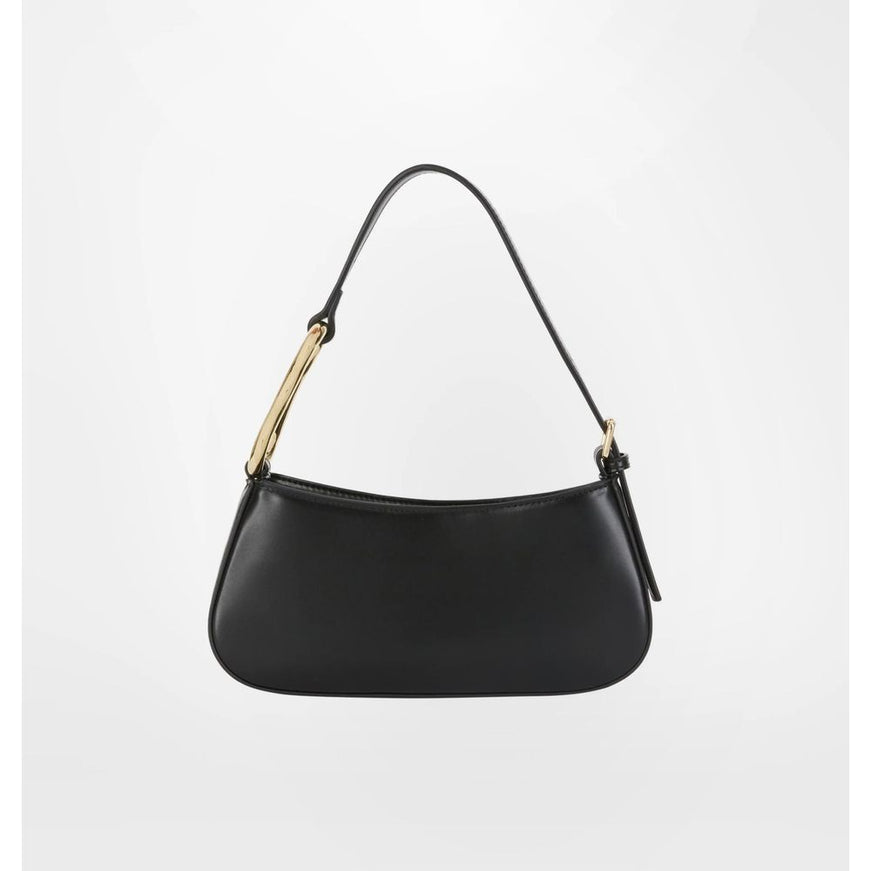 a black handbag with a gold handle