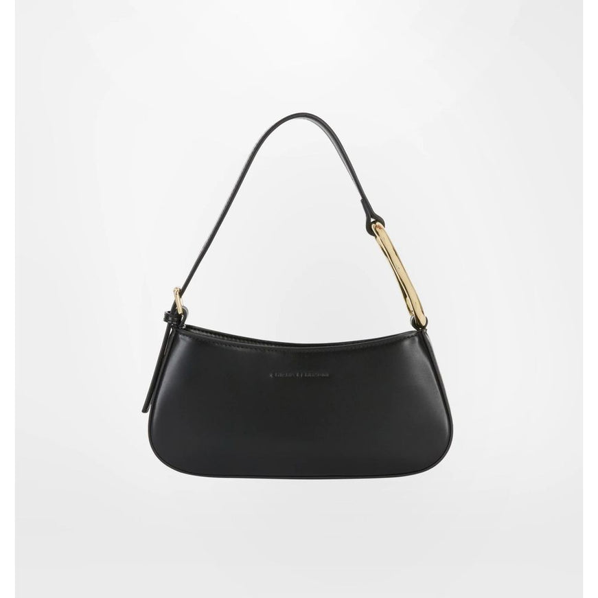 a black handbag with a gold handle