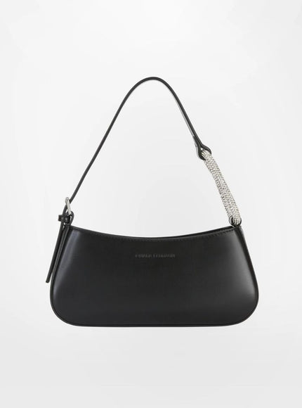 a black handbag with a silver handle