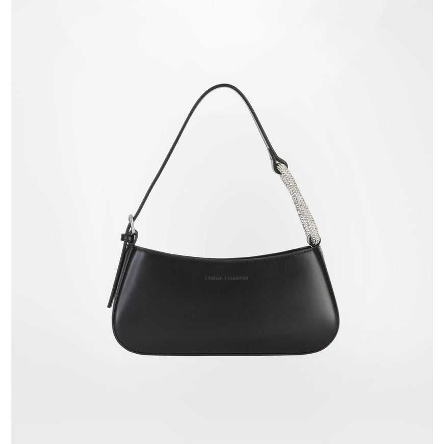 a black handbag with a silver handle