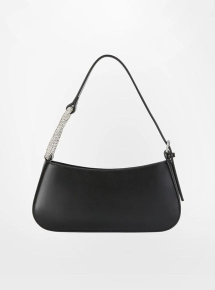 a black handbag with a silver handle