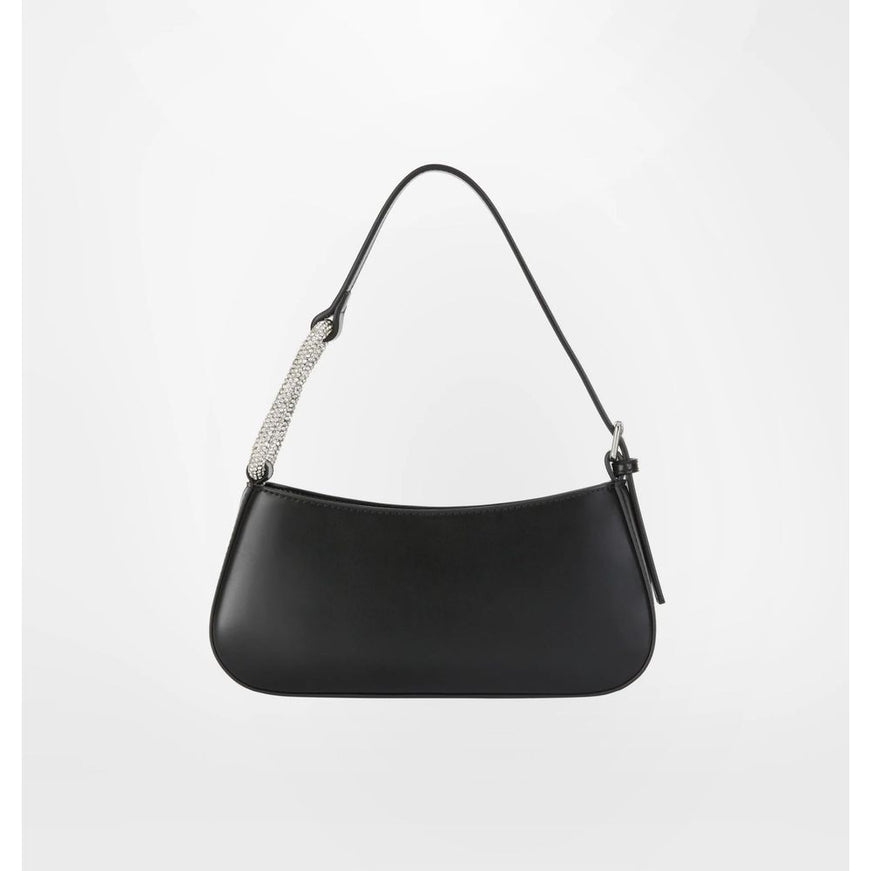 a black handbag with a silver handle