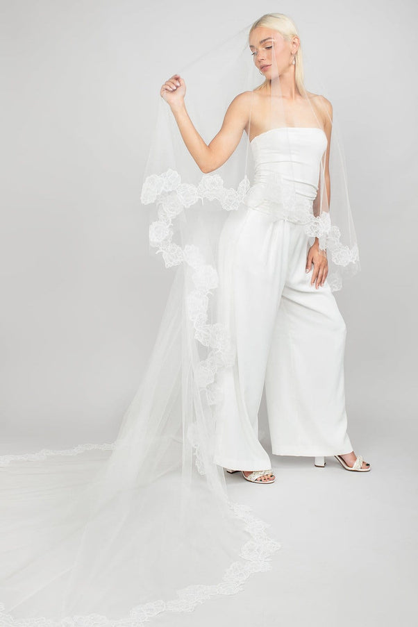 Queenly Two-Tier Cathedral Floral Lace Veil
