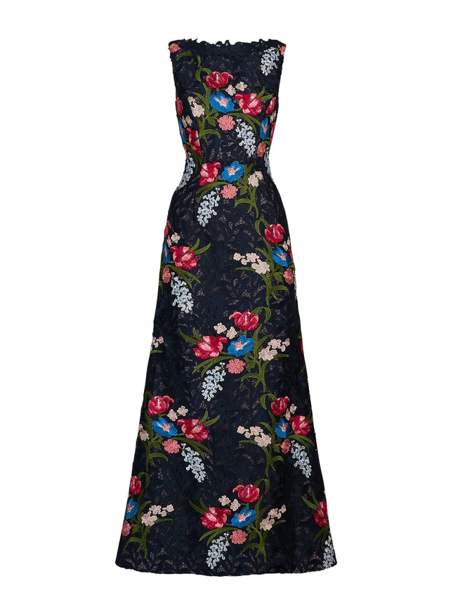 Anne Barge Renata Embroidered Guipure Column Evening Gown