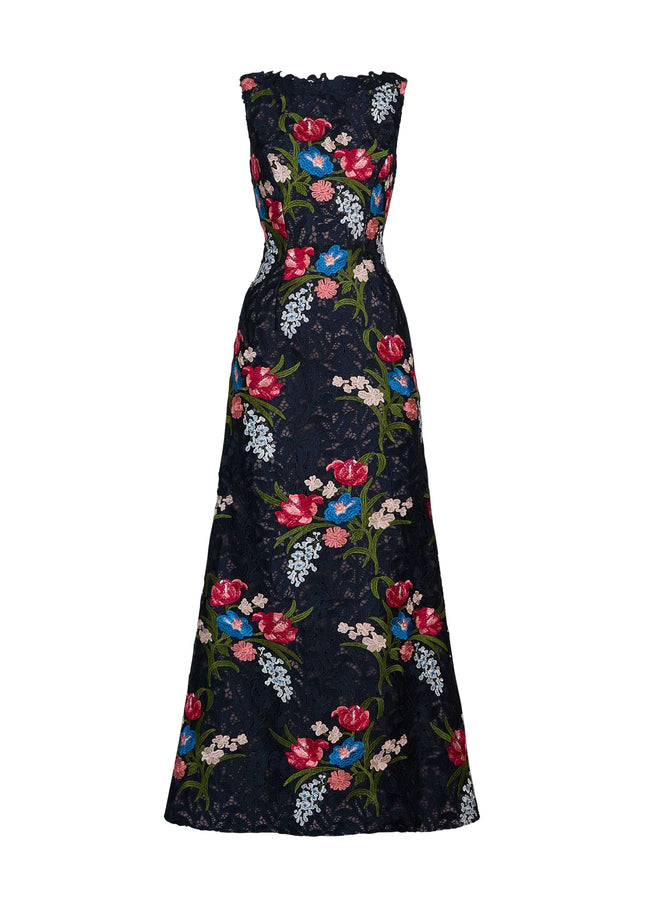 Anne Barge Renata Embroidered Guipure Column Evening Gown