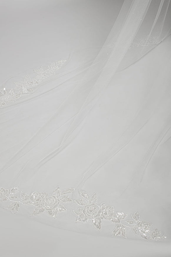 Rose Cathedral Veil with Sequin Floral Appliques