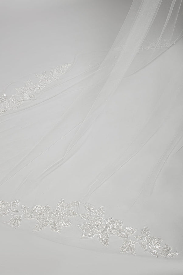 Rose Cathedral Veil with Sequin Floral Appliques
