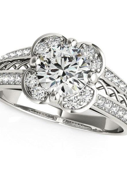 Round Diamond Floral Motif Engagement Ring in 14k White Gold (1 3/8 cttw) - Ellie Belle