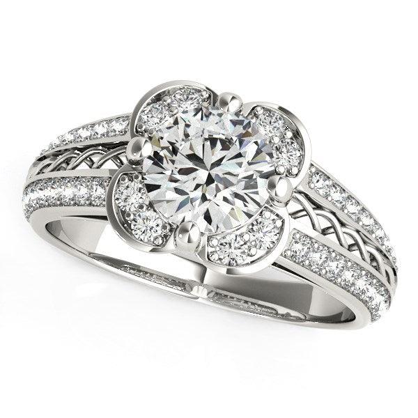 Round Diamond Floral Motif Engagement Ring in 14k White Gold (1 3/8 cttw) - Ellie Belle