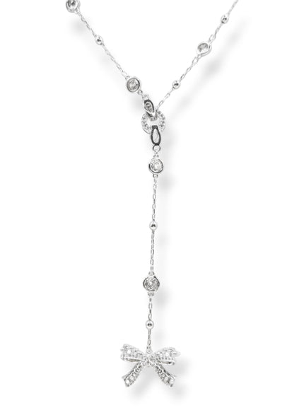 Ryan Crystal and Pearl Bow Charm Lariat Necklace