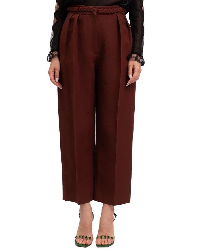 Valentino Wool & Silk Pleated Cropped Trousers with Braided Waist