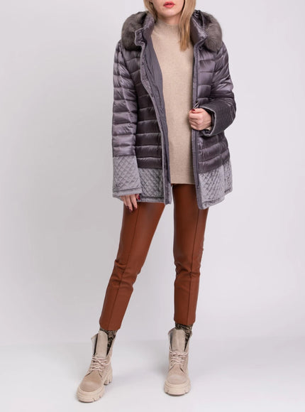 Toy G Quilted Hooded Jacket with Velour Trim – Grey