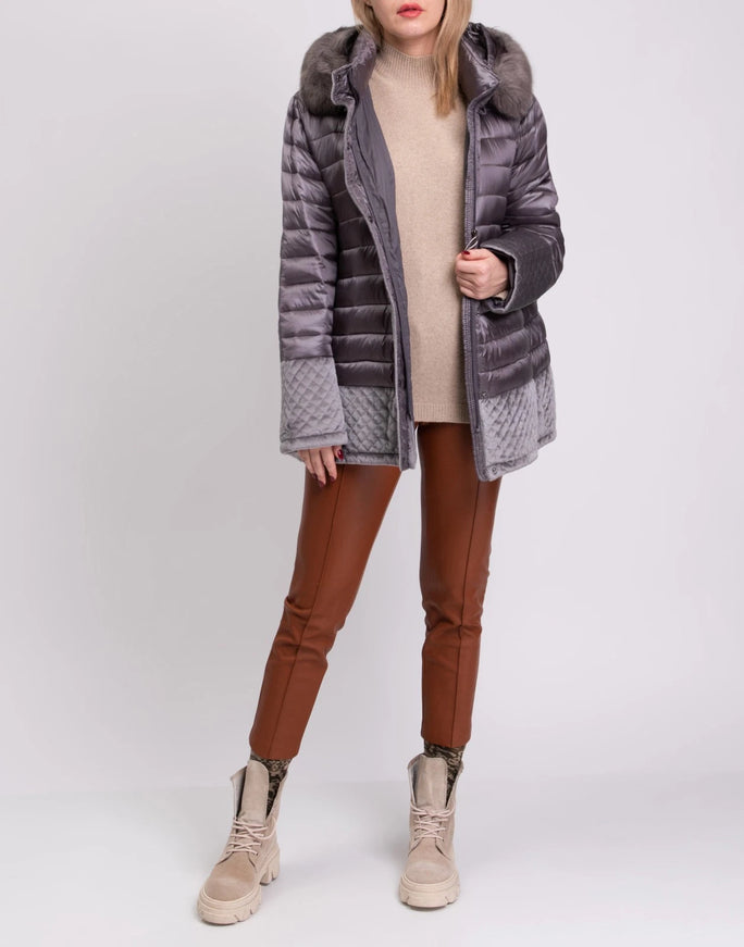 Toy G Quilted Hooded Jacket with Velour Trim – Grey