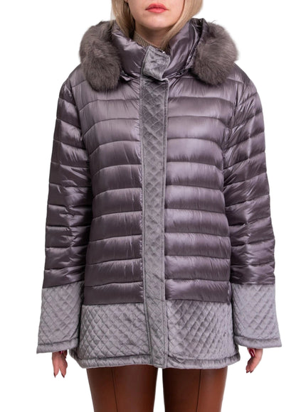 Toy G Quilted Hooded Jacket with Velour Trim – Grey