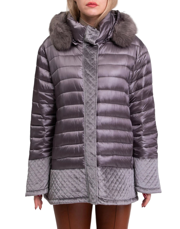 Toy G Quilted Hooded Jacket with Velour Trim – Grey
