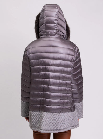 Toy G Quilted Hooded Jacket with Velour Trim – Grey