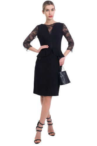 Botondi Couture Black Peplum Dress with Lace Sleeves