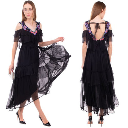 Alberta Ferretti Black Tiered Chiffon Dress with Floral Embroidery