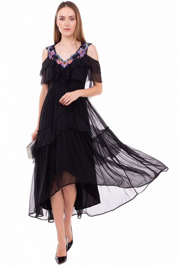 Alberta Ferretti Black Tiered Chiffon Dress with Floral Embroidery