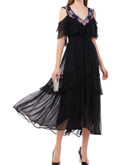 Alberta Ferretti Black Tiered Chiffon Dress with Floral Embroidery
