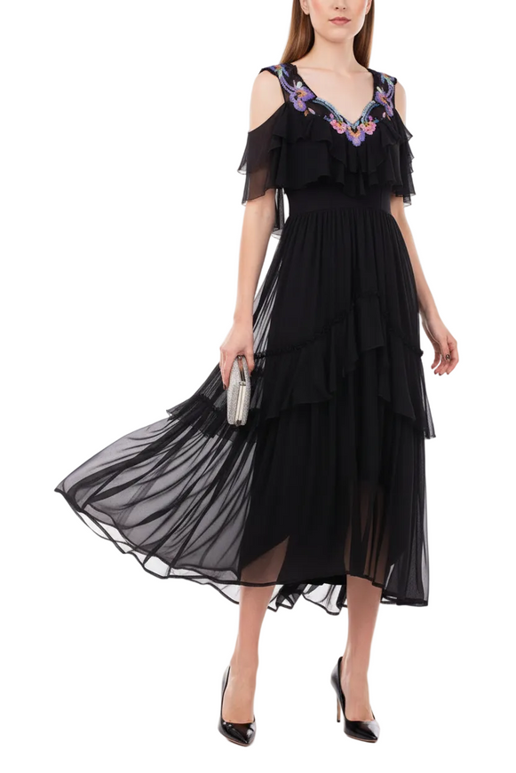Alberta Ferretti Black Tiered Chiffon Dress with Floral Embroidery