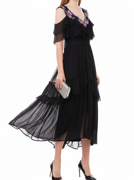 Alberta Ferretti Black Tiered Chiffon Dress with Floral Embroidery