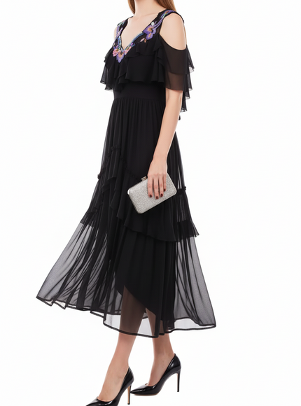 Alberta Ferretti Black Tiered Chiffon Dress with Floral Embroidery