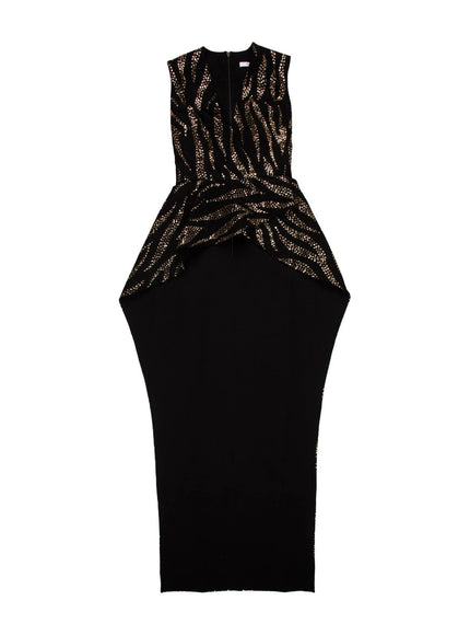 Safiyaa Black Asymmetric Glittered Draped Back Long Top XS - Ellie Belle