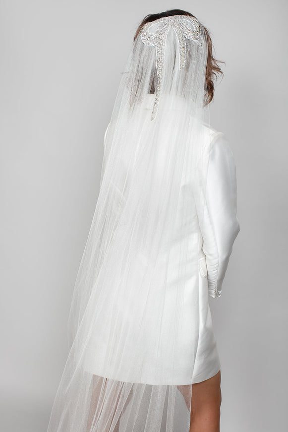 Ariel Taub Samantha Cathedral Veil with Pearl & Crystal Bow