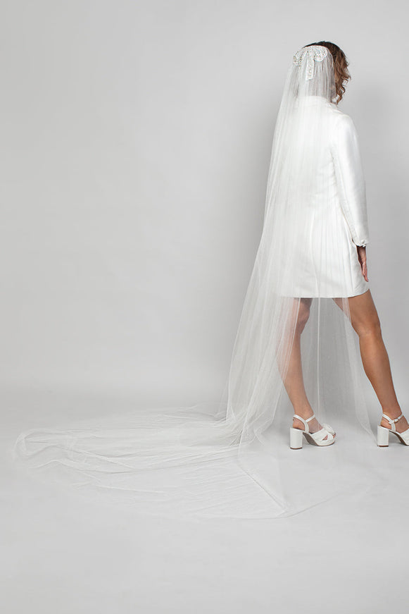 Ariel Taub Samantha Cathedral Veil with Pearl & Crystal Bow