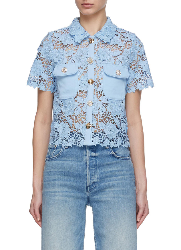 Self Portrait Women's Blue Lace Top - Ellie Belle