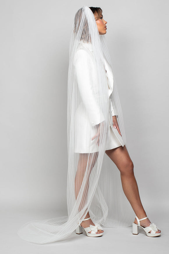 Ariel Taub Serendipity Chapel Length Striped Tulle Veil