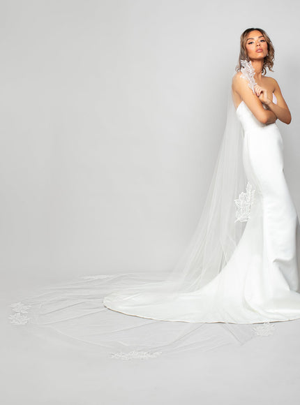 Sienna Cathedral Mantilla Veil with Beaded Leaf Lace Appliqués