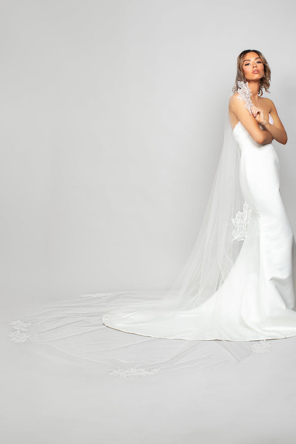 Ariel Taub Sienna Cathedral Mantilla Veil with Beaded Leaf Lace Appliqués