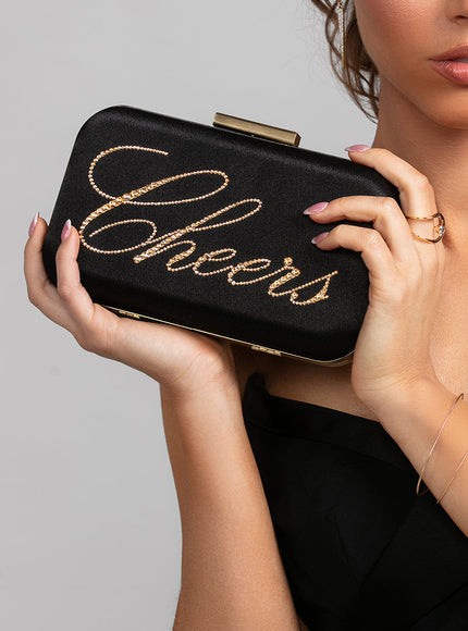 Stella Cheers Clutch in Black with Gold Crystals