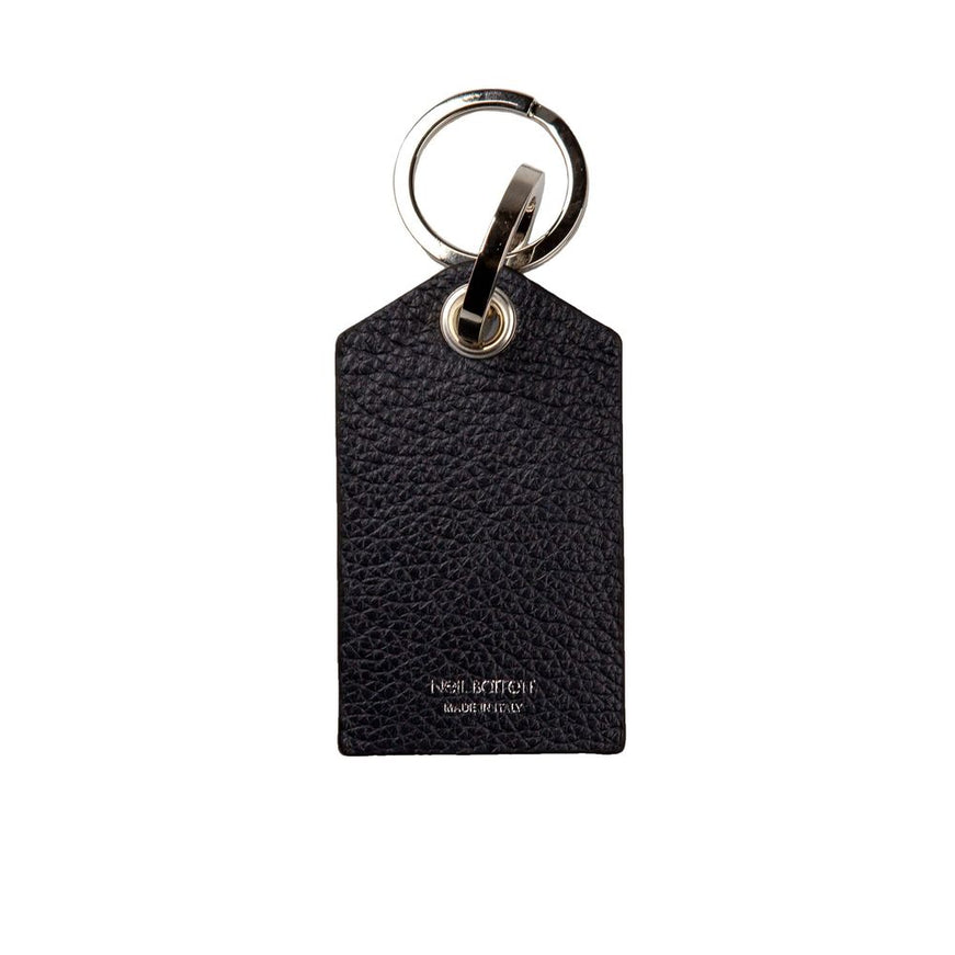 a black leather keychain with a metal ring