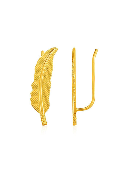 Textured Feather Climber Earrings in 14k Yellow Gold - Ellie Belle