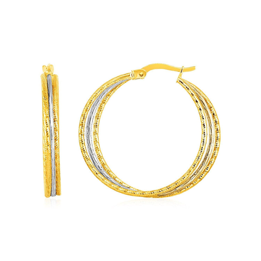 Three Part Textured Hoop Earrings in 14k Yellow and White Gold - Ellie Belle