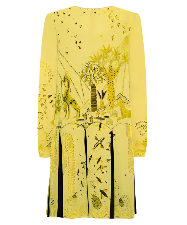 Valentino Garavani Yellow Pleated Hem Printed Dress